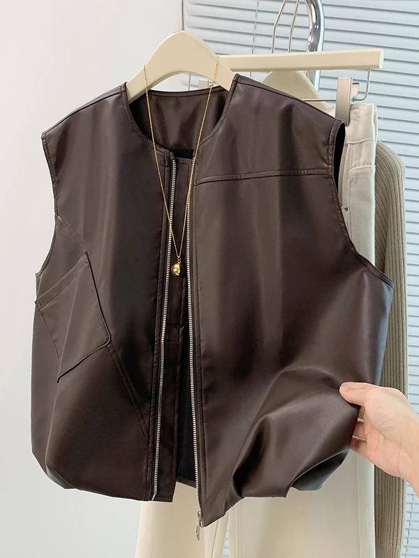 Chaleco Casual Holgado de Cuero Sintético para Mujer, Novedad Primavera-Otoño 2026, Estilo Versátil de Ropa de Trabajo, Chaqu...
