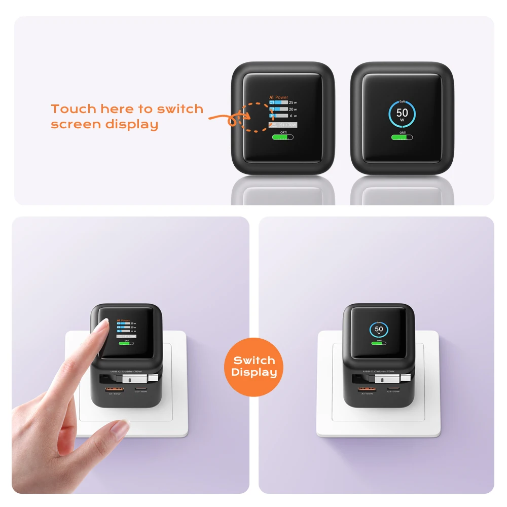 شاحن سريع 70 وات GaN مع كابل من النوع C قابل للسحب 3 في 1 PD3.0 QC4.0 PPS شحن سريع لهاتف IPhone 16 15 14 Xiaomi Tablet Laptop #6