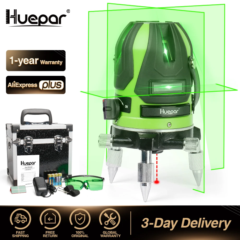 Huepar Green Beam Multi - Line Laser Level -Four Verticals and One Horizontal Line with Down Plumb Dot Self-leveling Laser Tool