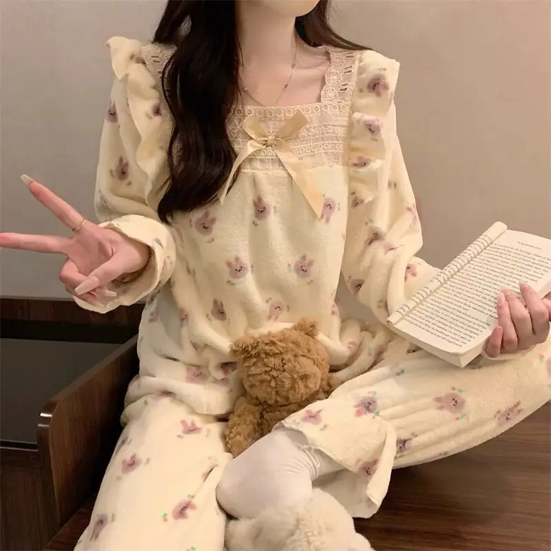 Ensembles de pyjamas en peluche Smile pour femmes, col carré, dentelle douce, nœud doux 2 pièces, vêtements d'intérieur épais et chauds, autonomie