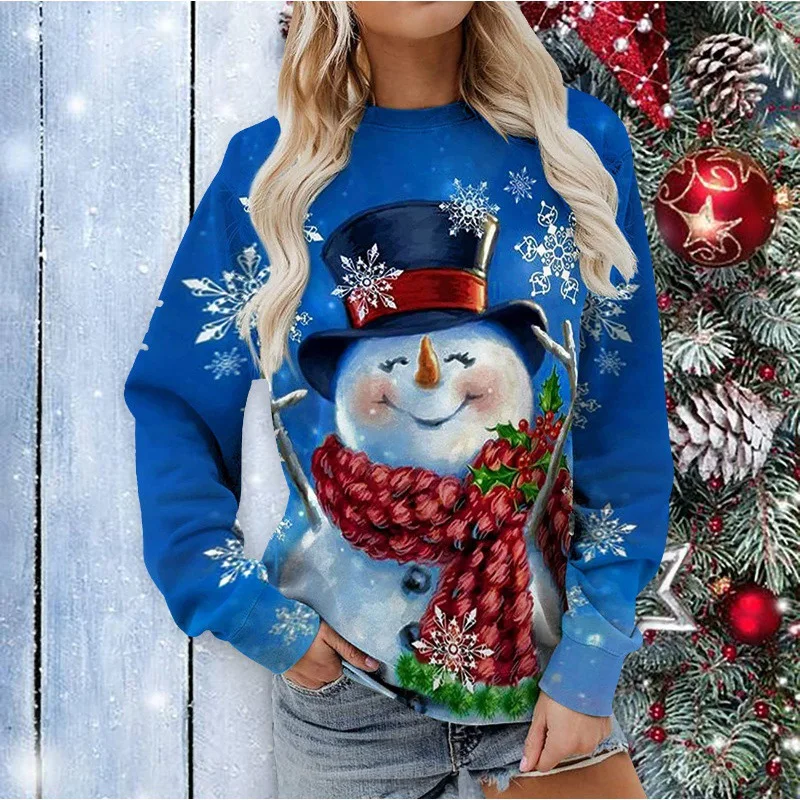 2024 new European and American Christmas snowman 3D printed women\'s round neck long sleeved autumn casual pullover top