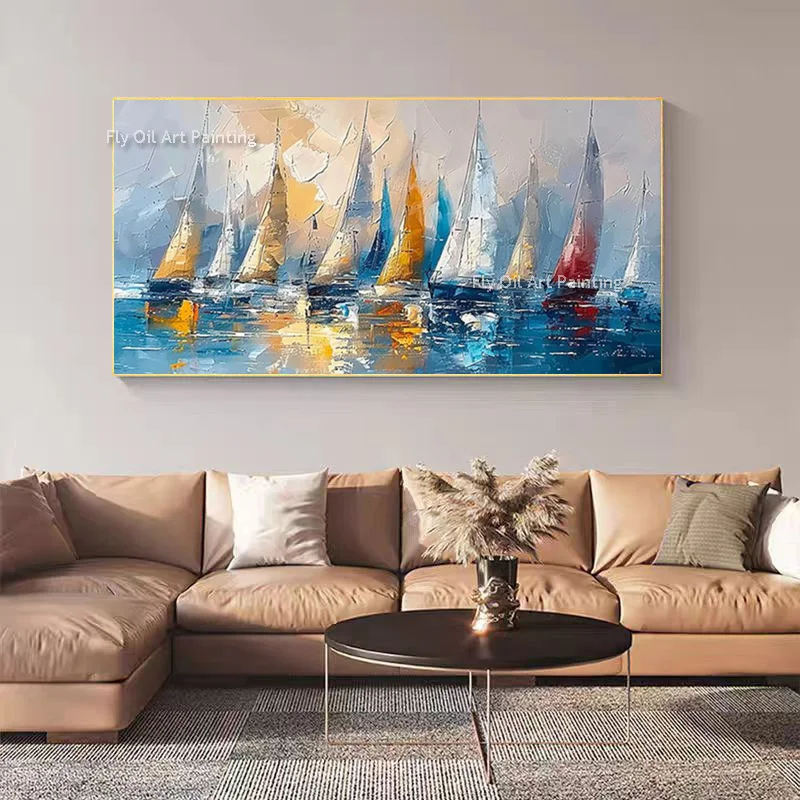 قوارب الشراع الملونة على البحر سكيب النفط اللوحة رسمت باليد كبيرة الأزرق المحيط عرض القوارب البيضاء الصفراء قماش جدار ديكور فني #2