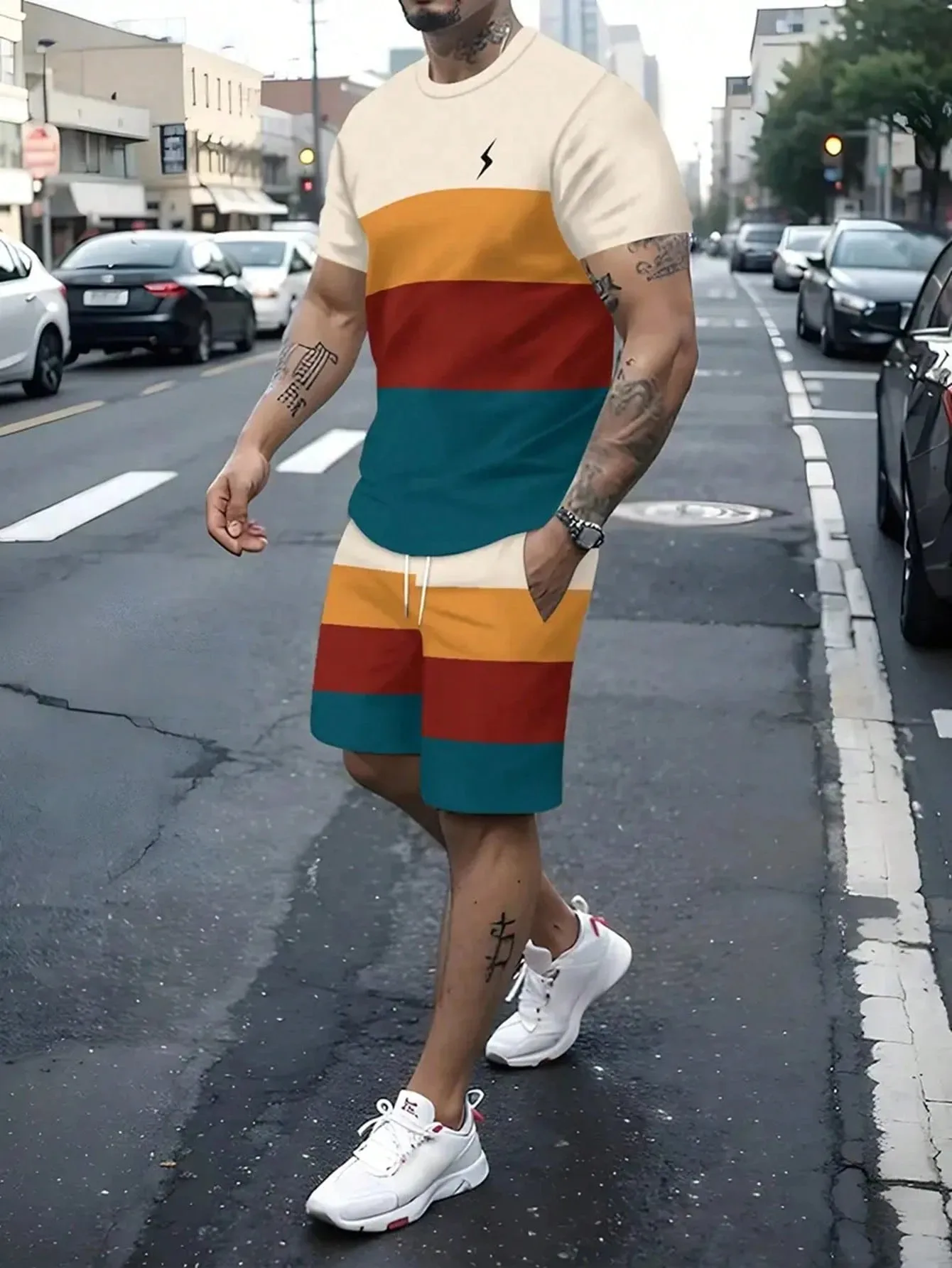 

2026 Summer New Men's Short-Sleeved Set with 3D Patterned Print for Street Casual Fashion Comfortable and Soft