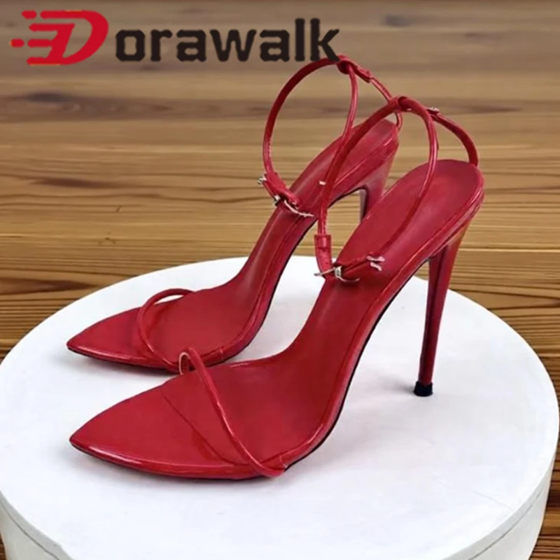 

Fashion Sexy Hot Woman All Red Dress 12cm Sandal Ankle Strap High Heels Pointed Toe Elegant Ladies Wedding OL Slingback Shoes