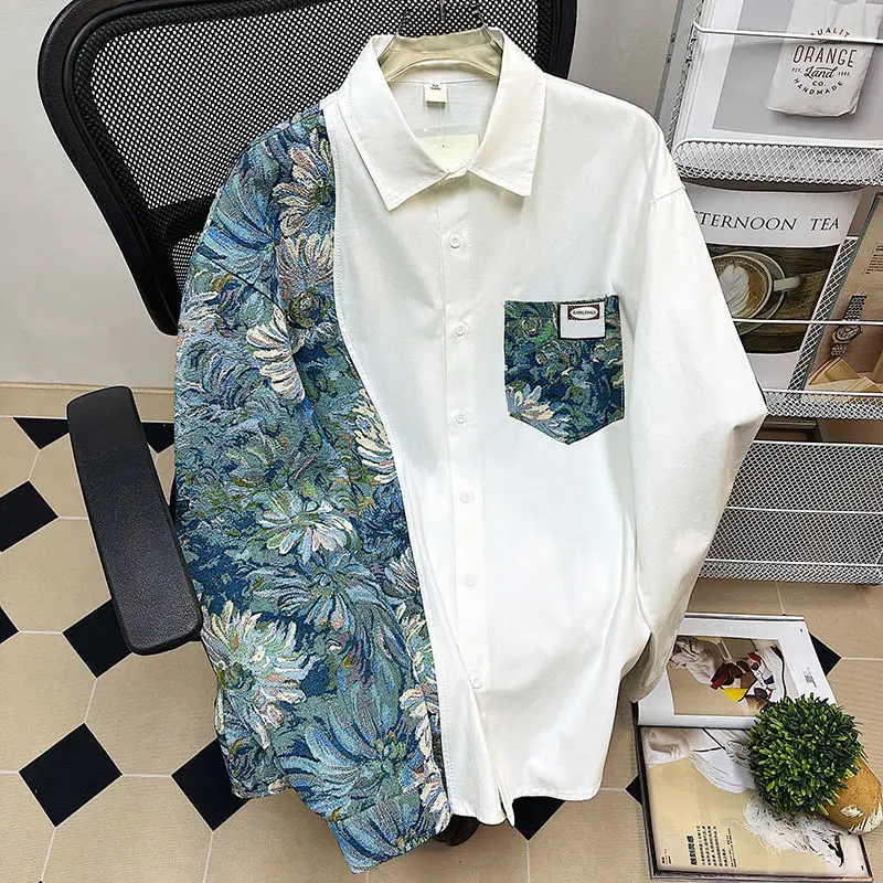 2023 new spring and autumn fried street China-Chic flower patchwork shirt men and women design lovers oversized shirt coat