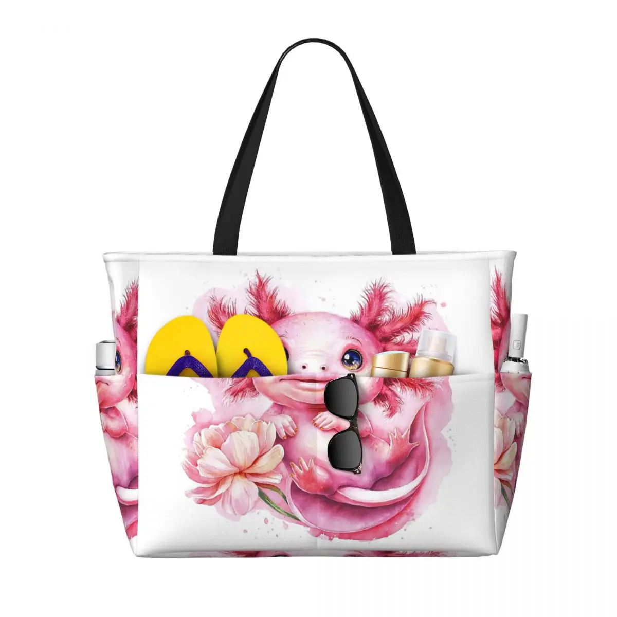 

Cartoon Pink Axolotl Salamander And Pink Flowers Beach Tote Bag Sport Gym Yoga Duffle Large Women Travel Bag Fitness bag