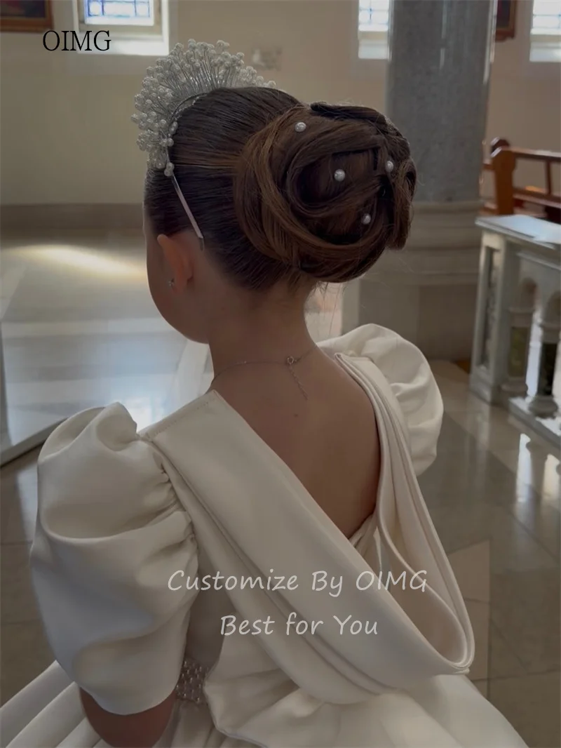 OIMG Cute Ivory V Neck A Line Flower Girl Dresses Bow Back Puff Sleeves Wedding Party Dress Tea Length Birthday Dress Customized
