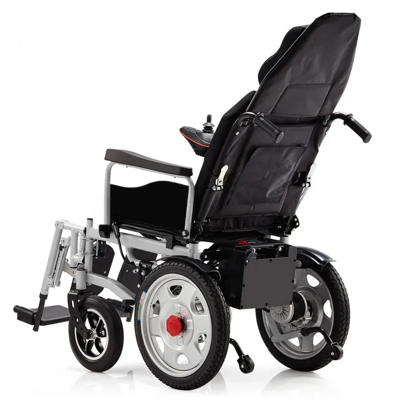 10 inches for the front wheel, 16 inches for the rear wheel, with leg height and reclining backrest. Electric