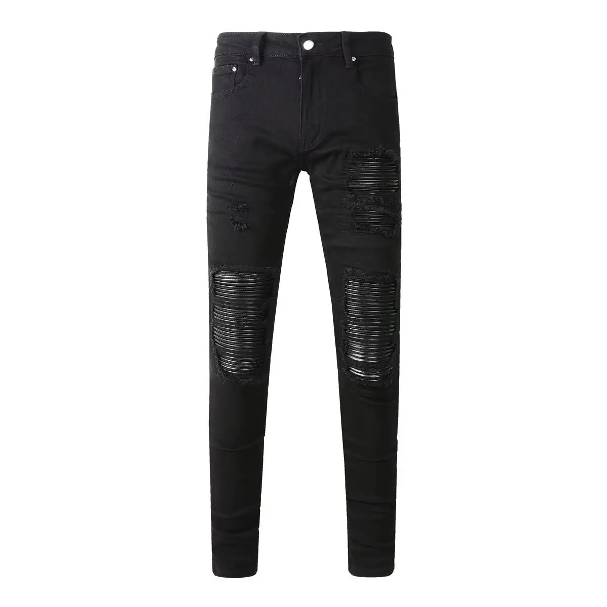 AMR Men's Slim Fit Denim Jeans Black Patchwork Leather Tear Hole Elastic Casual Straight Leg Trousers Fashion Street Style
