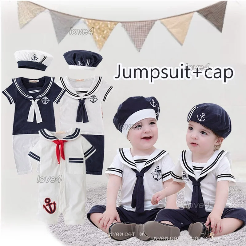 0-18M Baby Boy Girl Sailor Costume Romper Navy Captain Bodaysuit Hat Toddler Infant Baptism One-Pieces Newborn Photoshoot Outfit