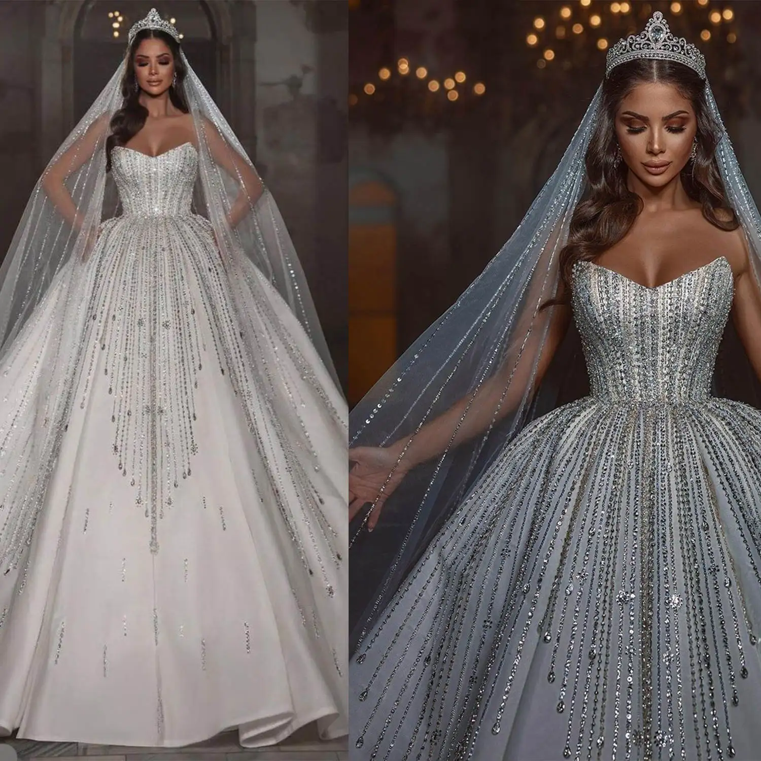 

Gorgeous Ball Gown Wedding Dress Sequins Crystal Deaded Strapless Bride Gowns Customized Long Sleeve Sweep Train Bridal Dresses