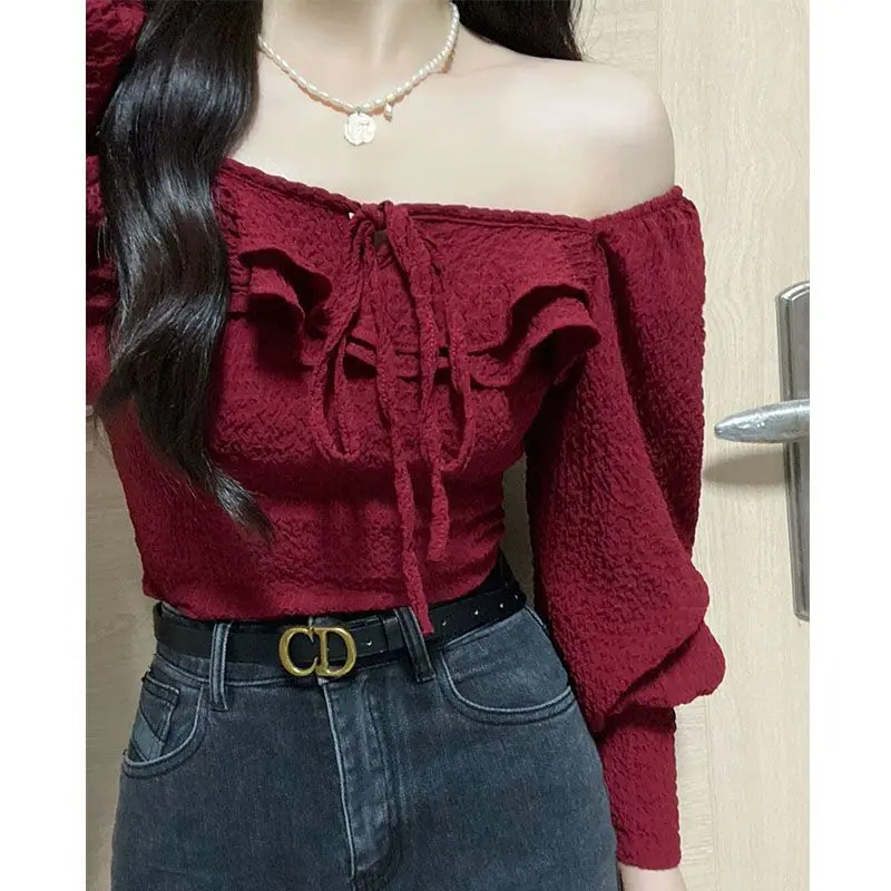 Vintage French Long Sleeved Square Neck Red Women Spring Ruffles Puff Sleeve Westernization Solid Color Affordable Short Tops