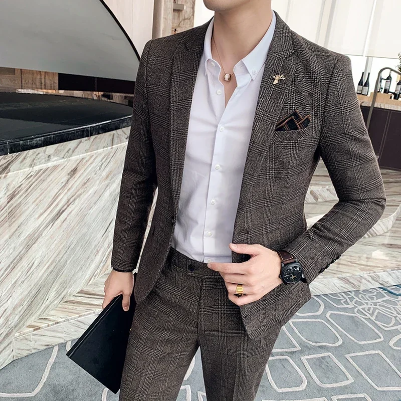 

( Blazer + Pants ) High-end Brand Formal Business Plaid Mens Suit Groom Wedding Dress Solid Color Stage Performance Tuxedo S-7XL