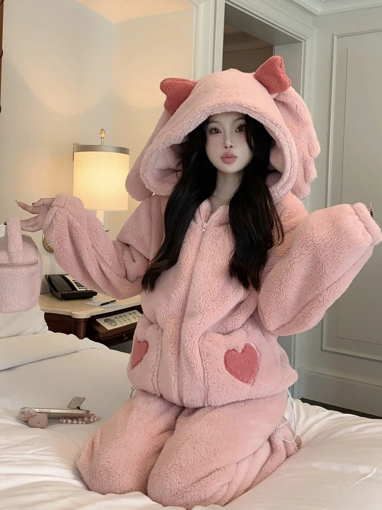 Winter Sleepwear Coral Fleece Thickening Warm Kawaii Rabbit Ear Hooded Pajama Sets Suit Sweety Pink 2 Piece Night Home Clothes