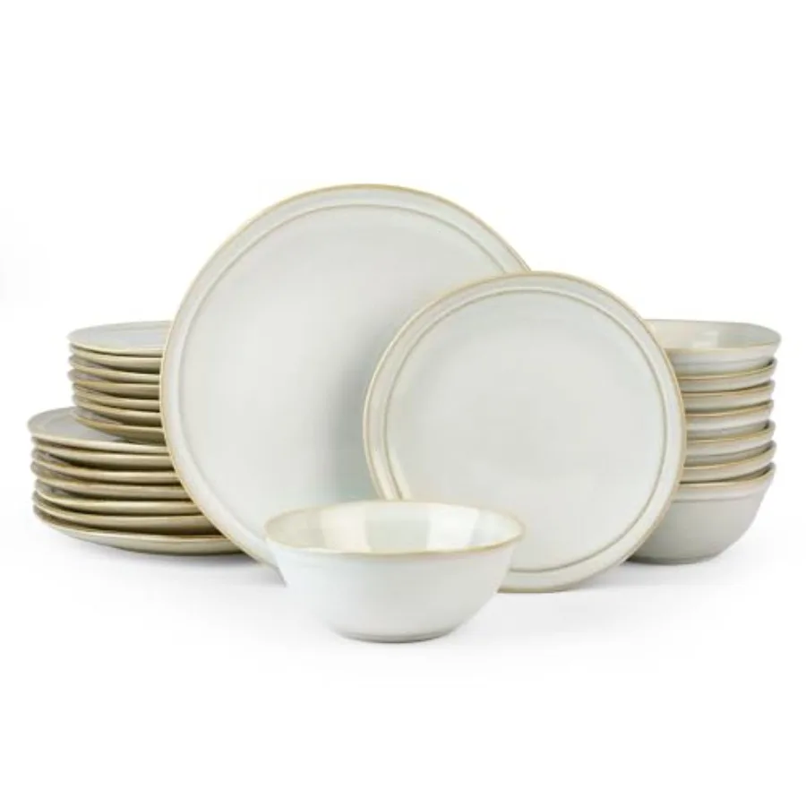 

Aegean Stoneware Dinnerware Set for 8 Plates and Bowls Sets 24 Pieces Scratch Resistant Dinner Set Handmade Irregular Round Dis
