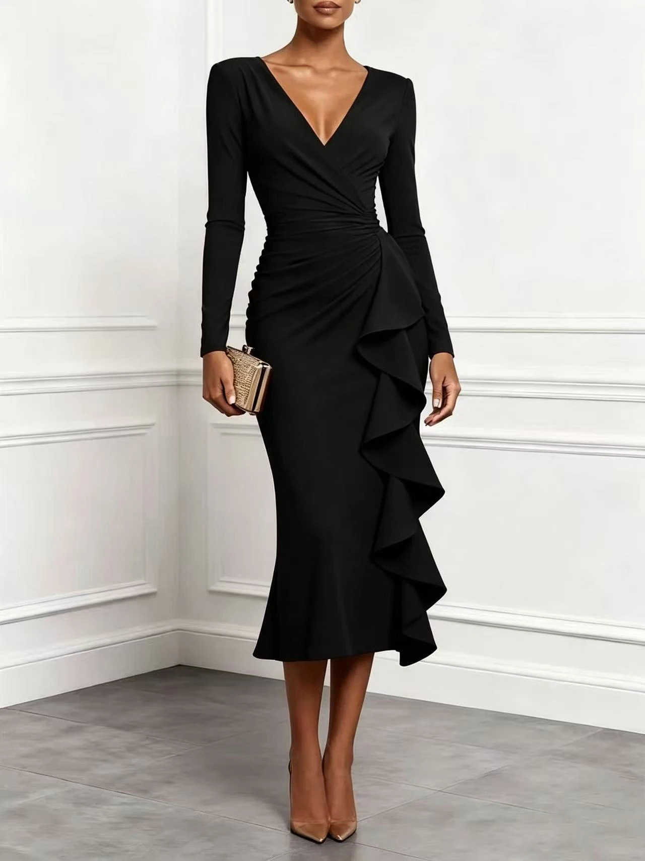 Women V‑Neck Long Sleeve Midi Dress Ruffle Ruched Mermaid Bodycon Formal Party Wedding Guest Dress - view 3