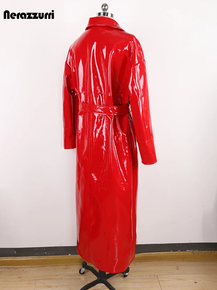 Nerazzurri Spring Autumn Long Shiny Reflective Red Faux Patent Leather Trench Coat for Women Loose Casual Runway Fashion 2024