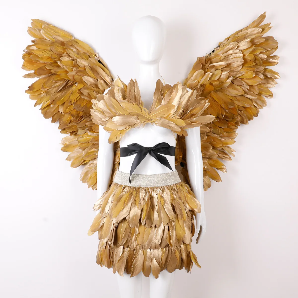 Gold Feather Angel Wings Costume Outfit with Shawl Crop Top and Feather Skirt for Halloween Carnival Cosplay and Themed Events