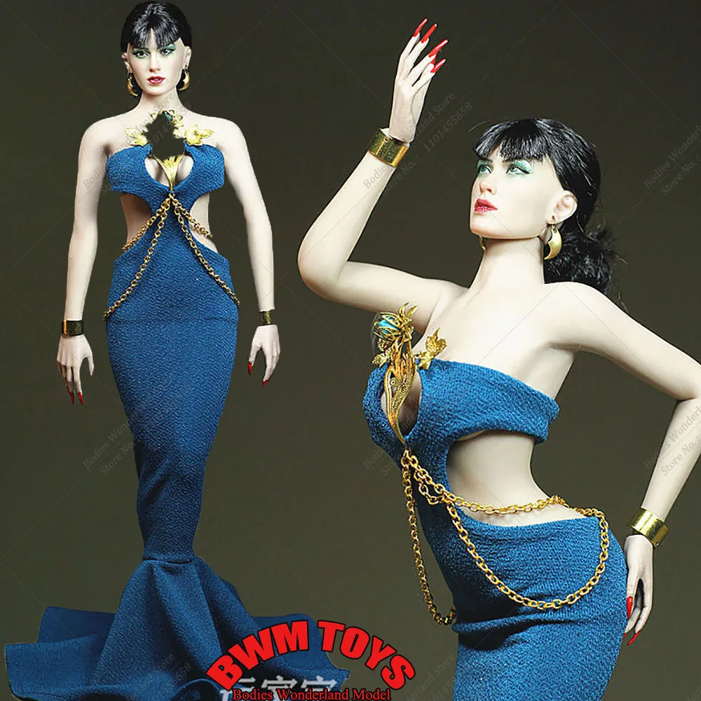 Customized 1/6 Sexy Women Blue Enchantress Strapless Slim Long Evening Fishtail Skirt Floor-Length Dress for 12'' Action Body