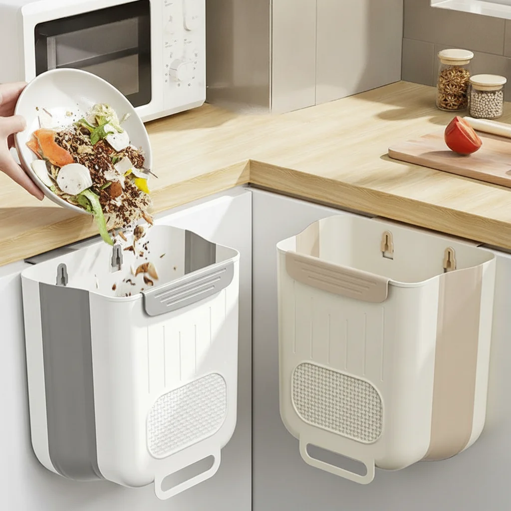 Kitchen Wall-Mounted Trash Bin Foldable Hanging Kitchen Trash Can Space-Saving Waste Bin for Cabinet Door Kitchen Accessories