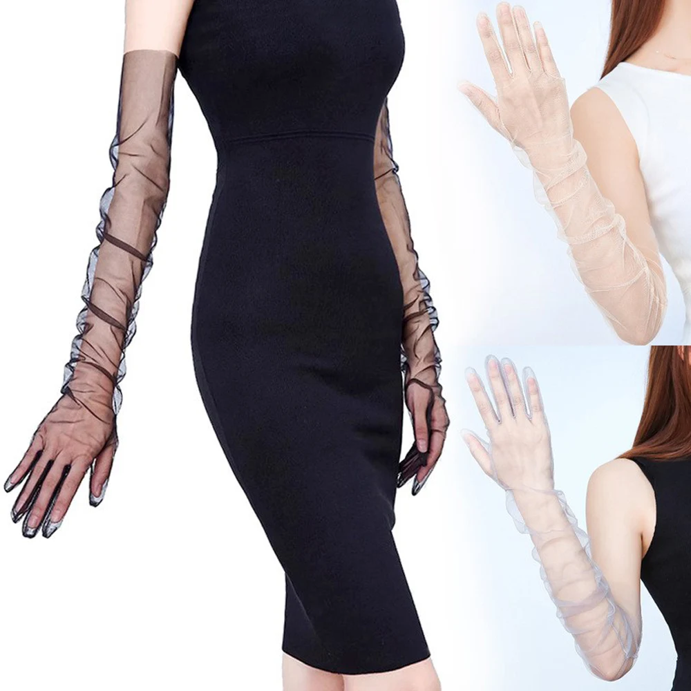 Guantes largos transparentes finos de encaje Sexy para mujer, tul suave, manga transpirable, guantes de novia sólidos, accesorio de boda, protección solar