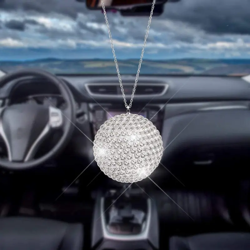 Bling Full Rhinestone Crystal Ball Car Pendant, Rearview Mirror Hanging Ornament Auto Interior Decor