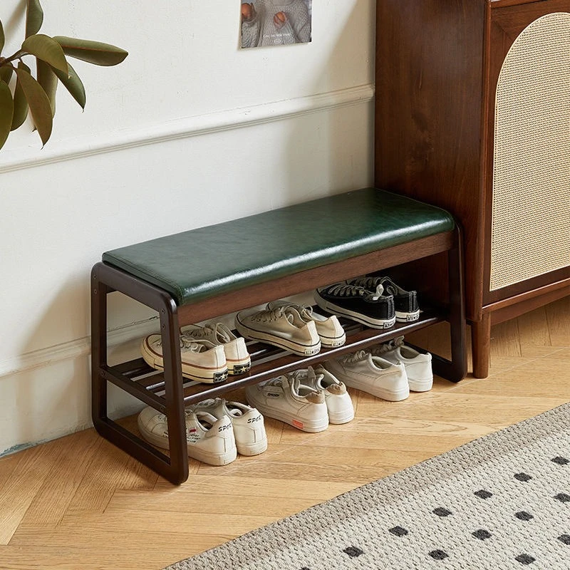 

Household solid wood shoe changing stool, household solid wood shoe cabinet, soft pack bench, retro style shoe wearing stool
