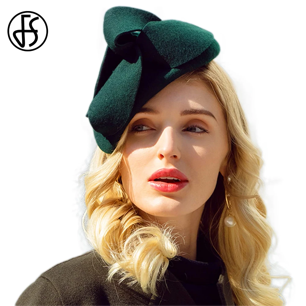 FS Luxury Green Wool Berets Retro Church Hats Women Elegant Wedding Cap Fascinators Pillbox Hat Winter Lady Fedora Chapeau Femme