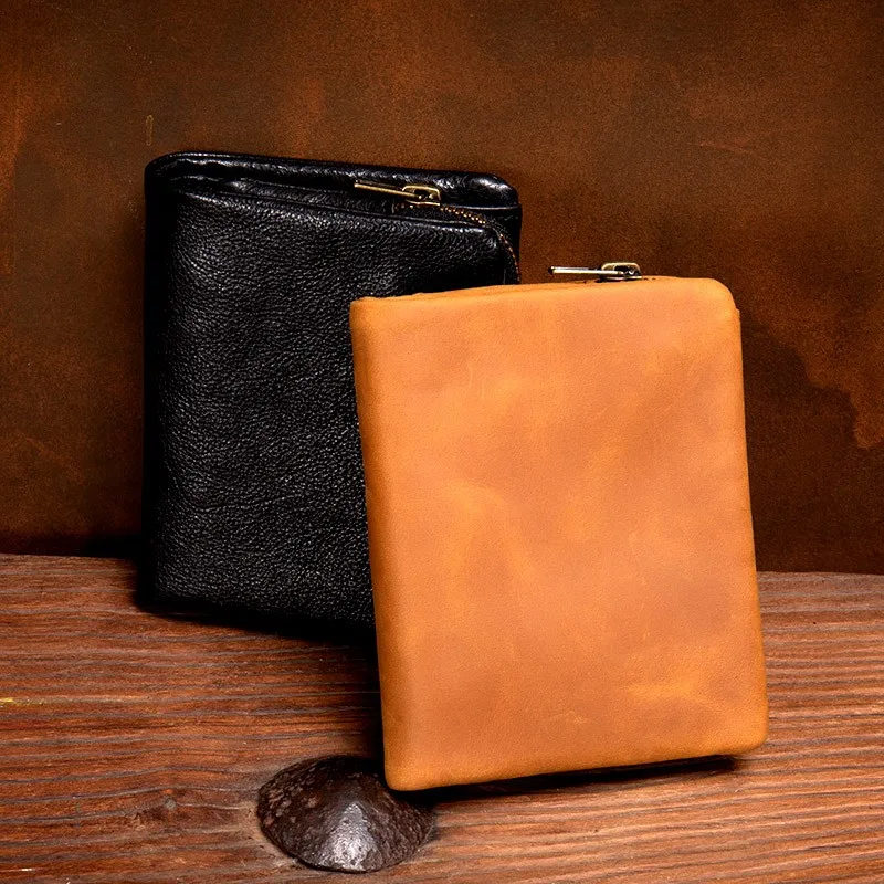 Original vegetable tanned cowhide short wallet, retro top layer cowhide wallet, handmade genuine leather multifunctional wallet