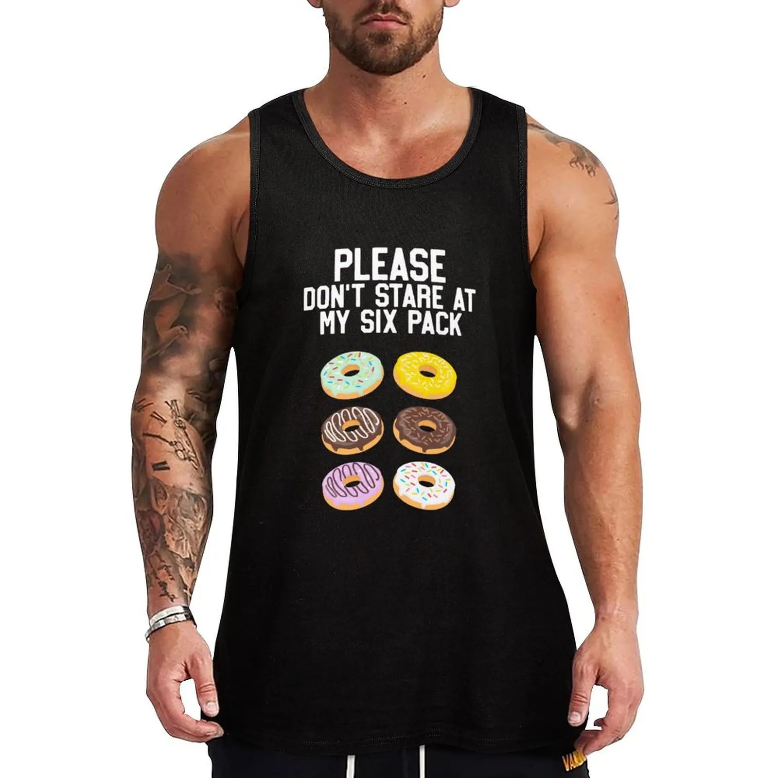 Please Don't Stare Donuts Abs Six Pack, Funny Workout Tank Top man vest Man gym clothes
