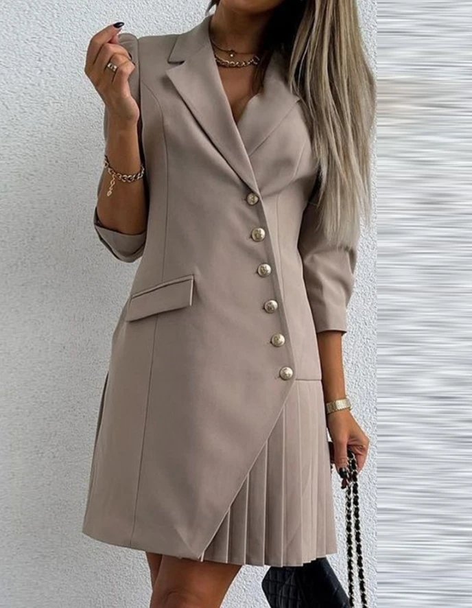 Womens Dresses 2024 Spring Elegant Asymmetrical Button Pocket Design Notched Collar Plain Office Lady Pleated Blazer Dress