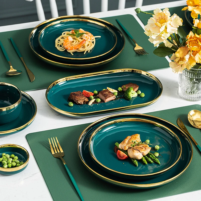 Ceramic Dinner Plates Dinnerware Set Dishes Luxury Green Food Dessert Plate Salad Soup Bowl Tableware Set for Restaurant Hotel