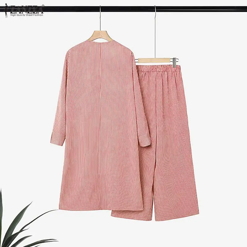 ZANZEA Muslim Matching Pant Sets Women Striped Long Shirt & Wide Leg Pant 2 Piece Suits Modest Loose Islamic Hijabis Outfits