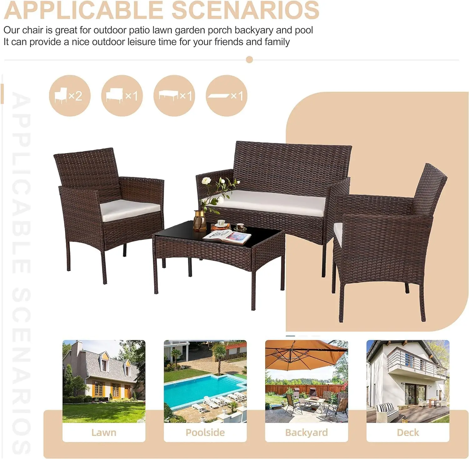 4 Piece Outdoor Patio Furniture Sets, Small Wicker Patio Conversation Furniture Rattan Chair Set with Tempered Glass Coffee