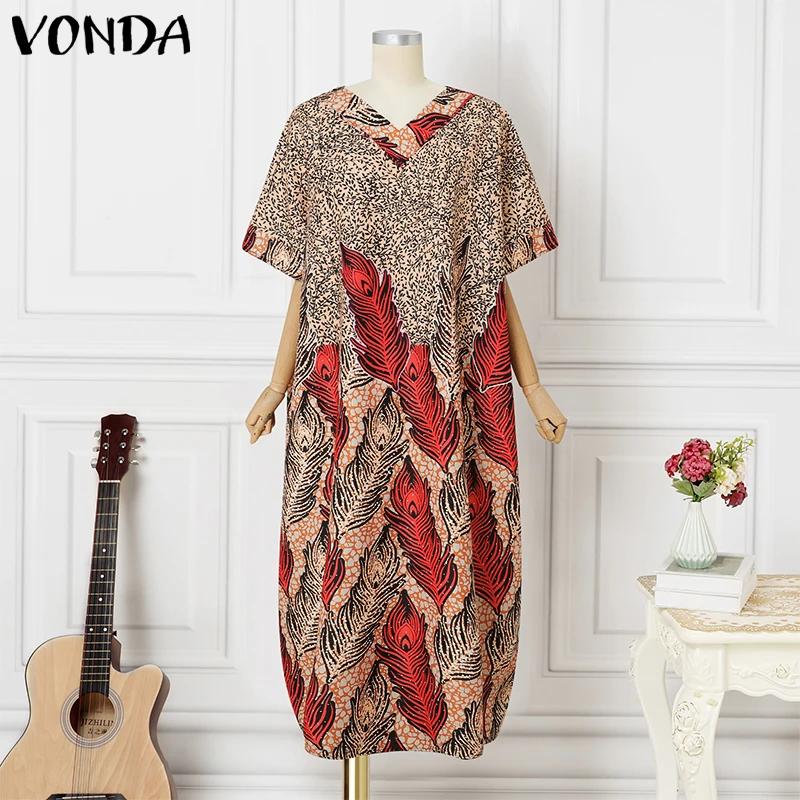 

Платье макси VONDA в богемном стиле с принтом, женское, винтажное, с V-образным вырезом, с рукавом до локтя, повседневное, длинное, летнее, для вечеринок, размеры 4XL, 5XL, коллекция 2026