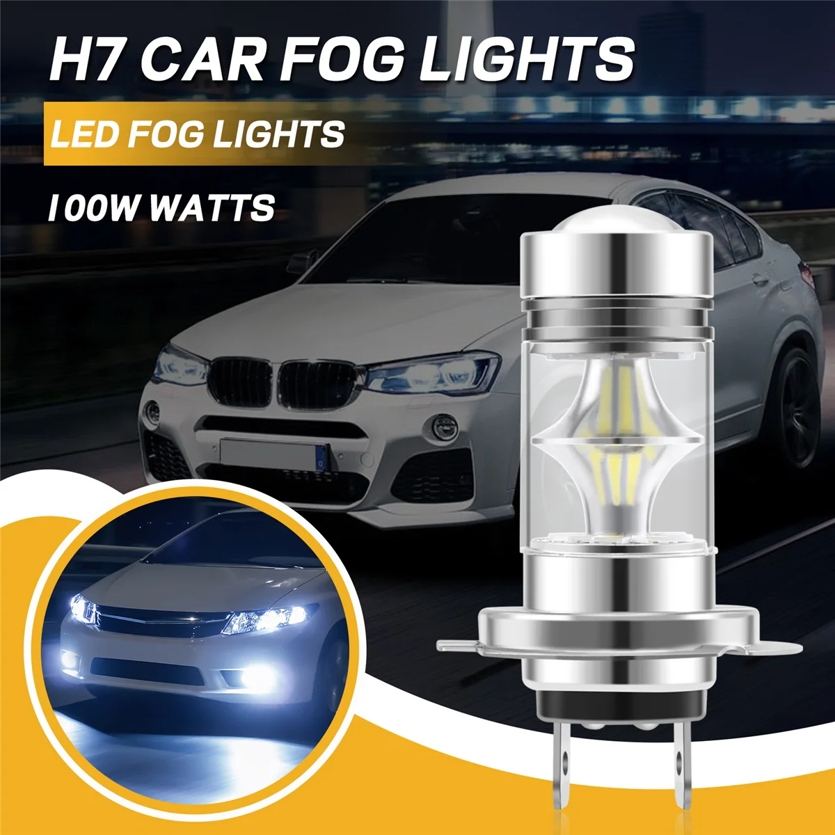 Ampoule LED haute puissance pour voiture, antibrouillard, lampe, lumières de sauna, blanc, H7, 100W, 20LED, 6000K, 1 paire