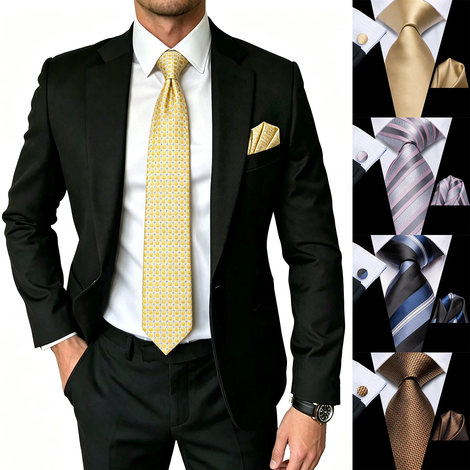 Small Grid Herringbone Striped Mens Necktie Set 3PCS, Pocket Square And Cufflinks Included