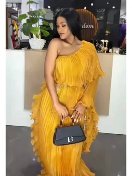 Miyake Fashion Design Dress Slanted Shoulder Solid Color Loose Women's Clothing Medium Length Elegant Dresses 2025 Summer New