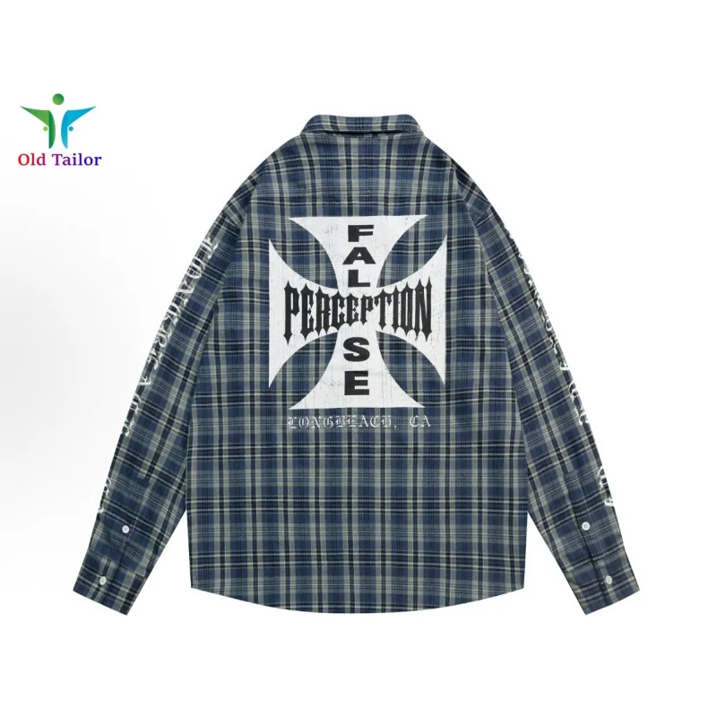 High Quality 25FWFalse Perception Cross Logo Plaid Long Sleeve Shirt Street Loose Brand Mens Womens Shirt