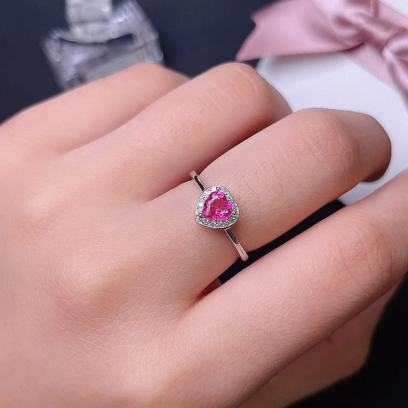 Topaz merah muda wanita, ukuran dapat disesuaikan cincin 925 perak bentuk hati hadiah ulang tahun wanita lucu