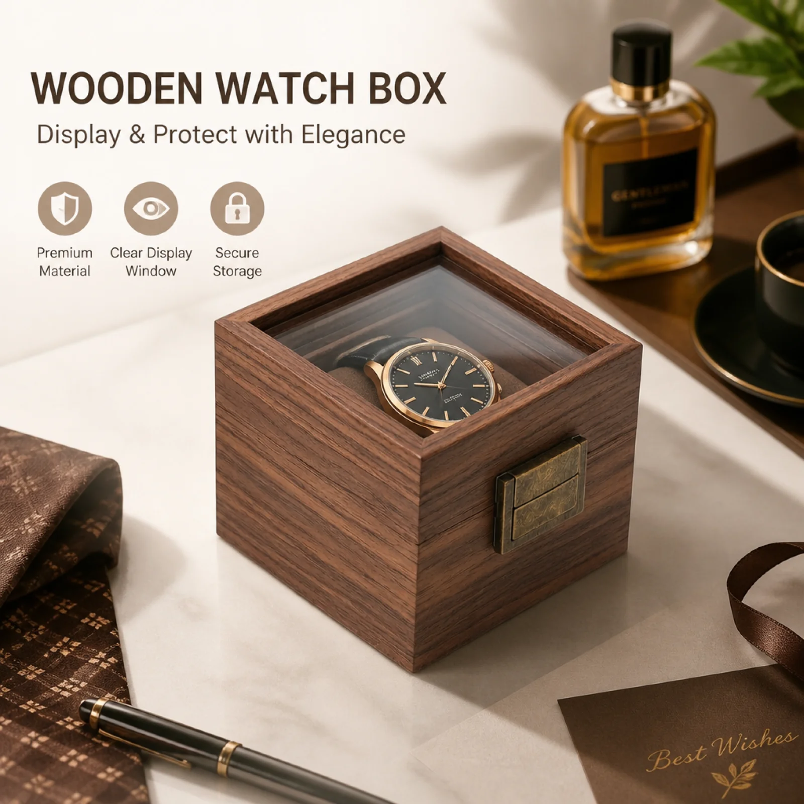 Watch Display Box Walnut-Grain Individual Watch Box Wooden for Men, Dresser, Desk