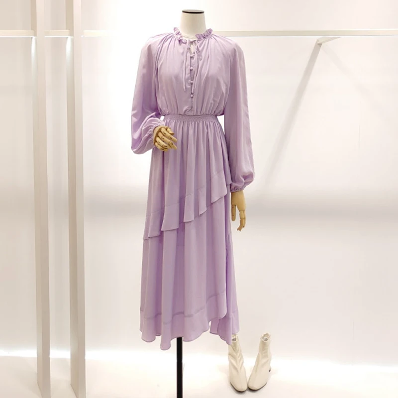 Romantico abito MICOAT puro originale lungo Sve V-Ne con dettaglio bottoni e lanterna Sve a vita alta A-Line Dr per l'autunno