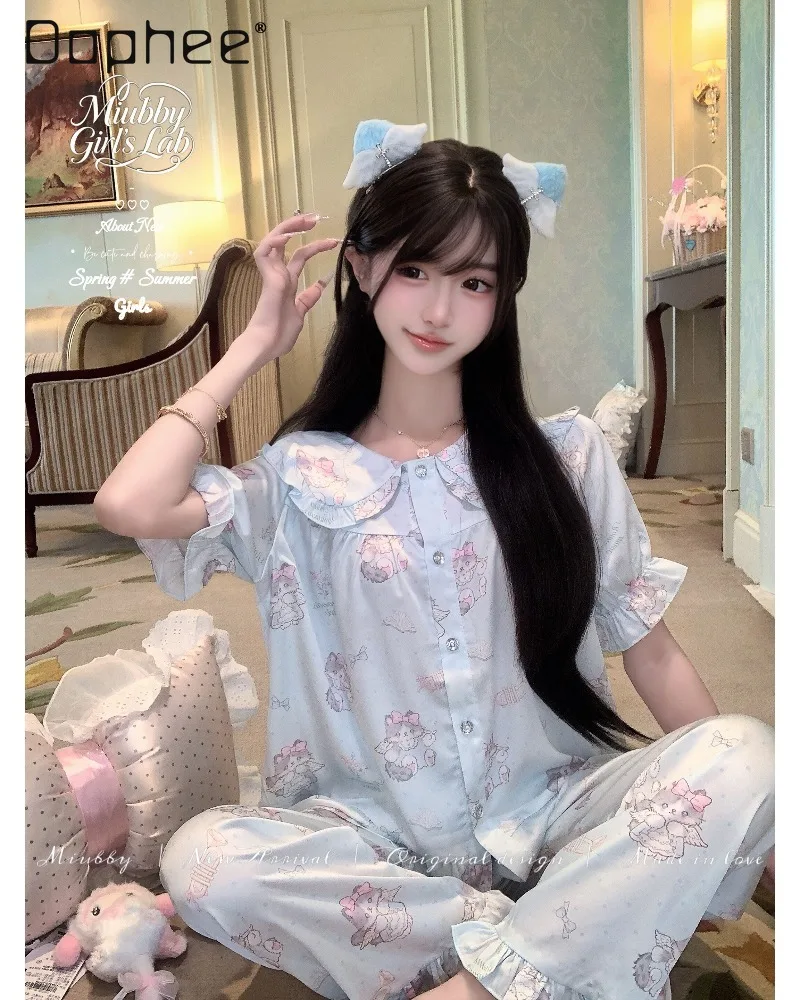 Original Sweet Cute Soft Girl Cartoon Printed Ice Silk Doll Shirt Pajamas Short Sleeves Trousers Two-piece Women's Loungewear