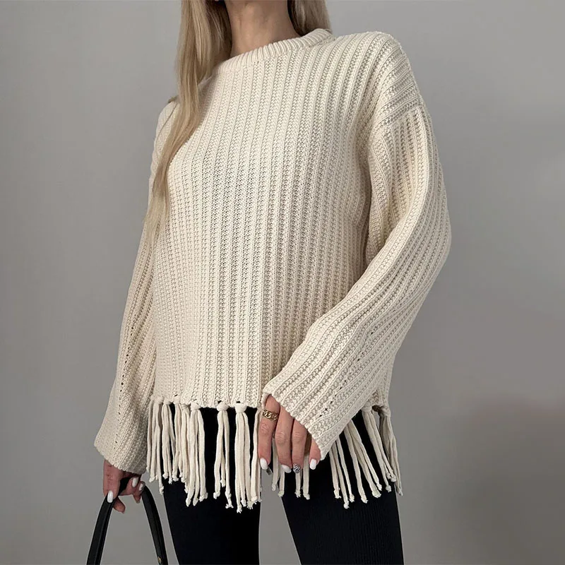 

Women Tassel Sweater Solid Color Knitted Pullover Tops Autumn Winter Female Fashion Clothing Lady Long Sleeve O-neck Jumpers