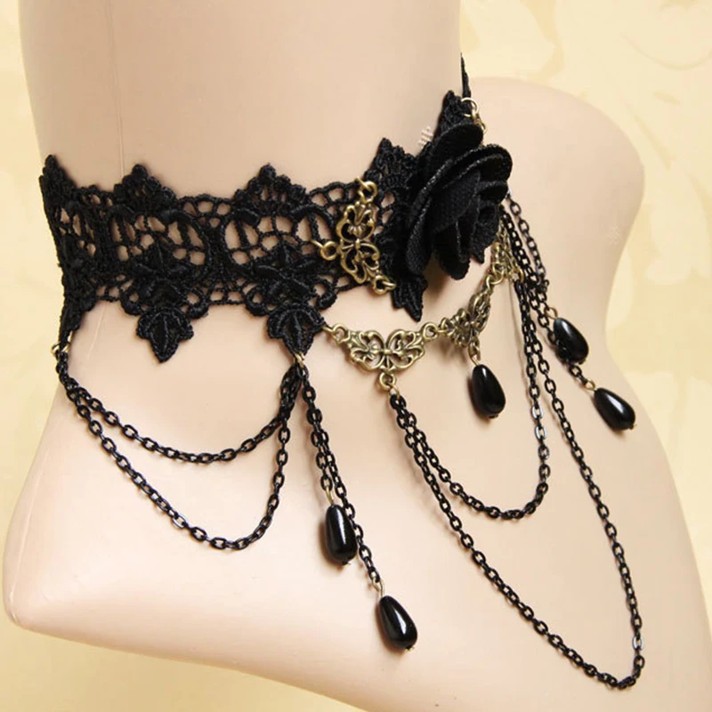 New Collares Sexy Gothic Chokers Crystal Black  Rose Lace Neck Choker Necklace Vintage Victorian Women Choker Steampunk Jewelry