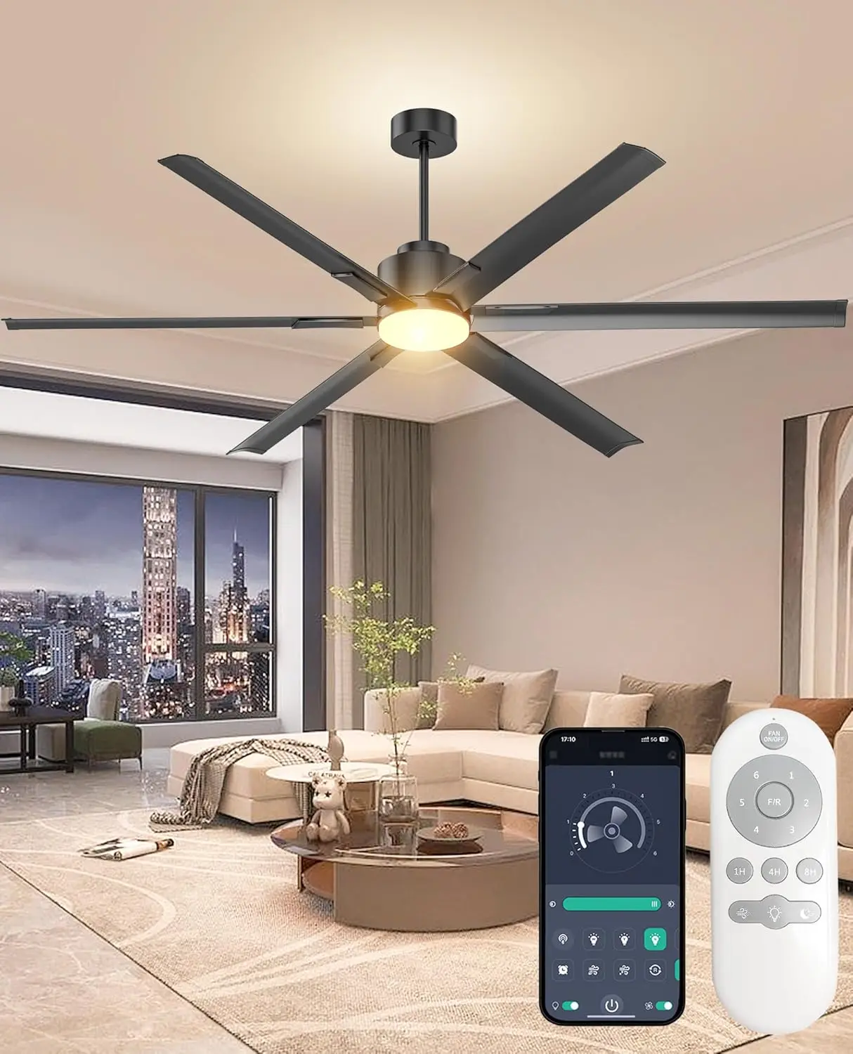 82 Inch Ceiling Fan with Light,Industrial LED Fan Lights with 6 Aluminium Blades,Large Ceiling Fan - Remote/APP Control,