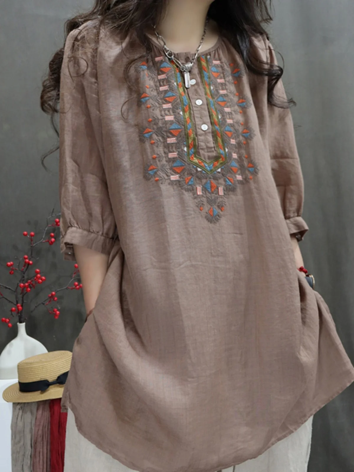 Retro artesanal bordado linho casual artístico solto ajuste irt dr comprimento médio verão nova chegada blusa faion feminina