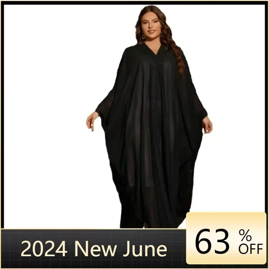 

Abaya Dubai Elegant Muslim Women Long Sleeve V-neck Black Plus Size Long Abaya Dress Kaftan Abayas for Women with Hijab Gowns