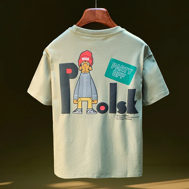 Kaus Lengan Pendek Pria Pakaian Nyaman Bersirkulasi Elastis Baru Musim Panas Pria, Atasan Cetak Kreatif Longgar dan Modis