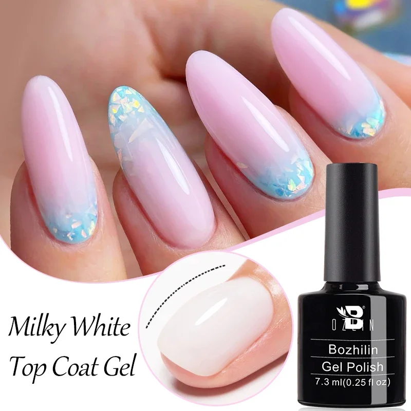 Bozlin Melkachtige Witte Top Coat Gel Polish Gelei Weken Van Nagels Gels Vernis 7.3Ml Uv Led Gel Zelfnivellerende Manicure Base Top Coat